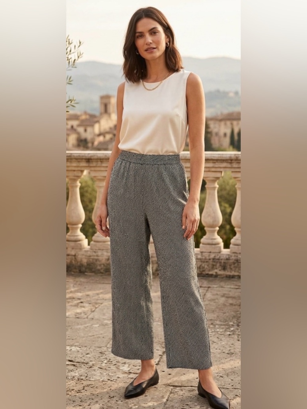 Smocked-Waist Wide Leg Pants in Charcoal Gray
